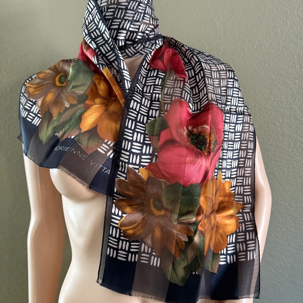 Adrienne Vittadini Floral Silk Scarf - Black and Red